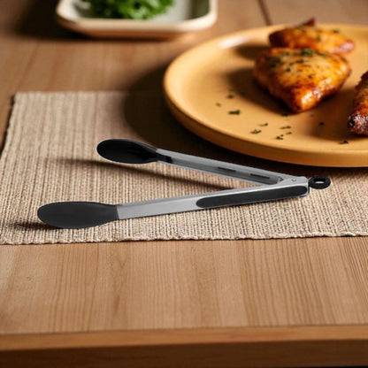 Shaws Cookware Kitchen Tongs and Spatula Tongs 10" & 12" Set of 4 Stainless Steel Heat- Resistant Non - Stick Silicone Tips,  Non - Slip Grip for Cooking, Grilling,  BBQ, Pot Lucks, Salad,- Black