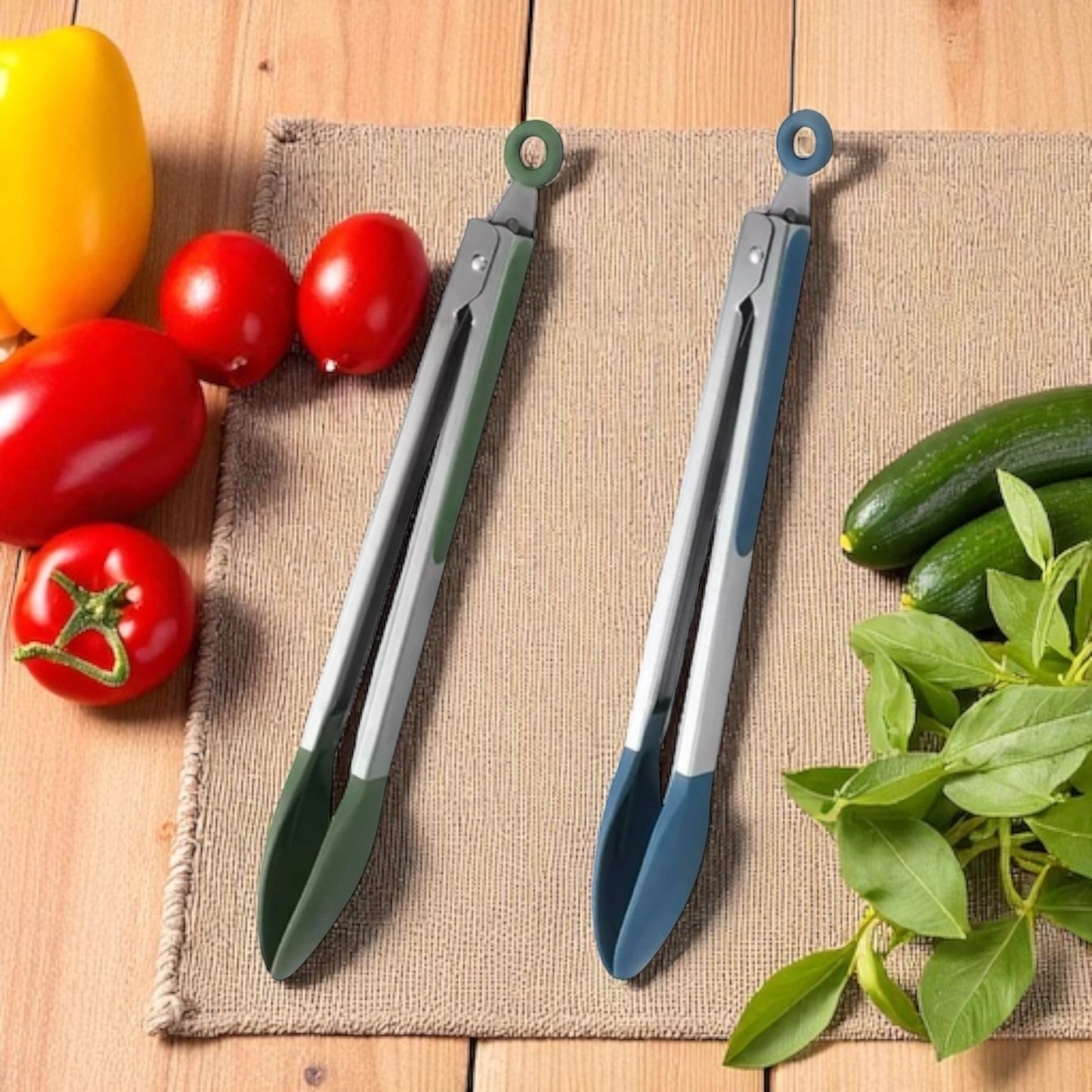 Shaws Cookware Kitchen Green Tongs and Blue Tongs 10" & 12" Set of 4 Stainless Steel Heat- Resistant Non - Stick Silicone Tips, Non - Slip Grip for Cooking, Grilling, BBQ, Pot Lucks, Salad