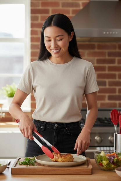 Shaws Cookware Kitchen Tongs and Spatula Tongs 10" & 12" Set of 4 Stainless Steel Heat- Resistant Non - Stick Silicone Tips,  Non - Slip Grip for Cooking, Grilling,  BBQ, Pot Lucks, Salad,- Red