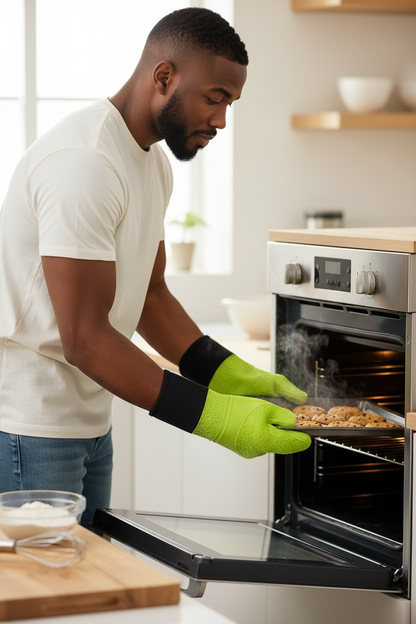 Shaws Cookware Heat and Slip Resistant Silicone Oven Mitts, Waterproof, Non-Slip, Long, Cotton-Lined Mitt Set of 2, 14.9 IN, Green