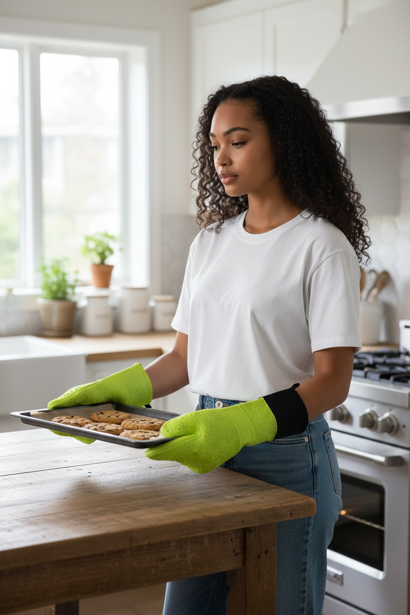 Shaws Cookware Heat and Slip Resistant Silicone Oven Mitts, Waterproof, Non-Slip, Long, Cotton-Lined Mitt Set of 2, 14.9 IN, Green
